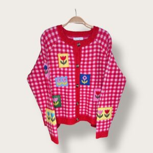 Kardigan czerwono-różowy "w kratkę"